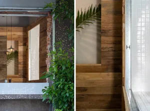 Bathroom with a wooden wall and a tiled floor, with a natural ambiance in one view and a minimalistic appearance in the other
