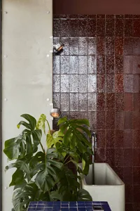 Clean bathroom with a tile wall, two potted plants, and a sink, creating a well-maintained atmosphere
