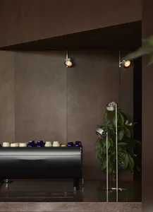 A kitchen or dining area with a black countertop featuring various bowls and cups, accompanied by two potted plants, creating a cozy atmosphere