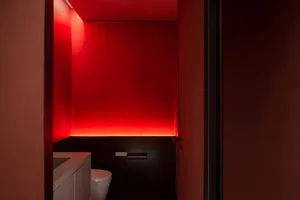 Bathroom with a toilet, sink, and shower, featuring red walls and a modern design