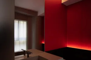 A minimalist bathroom with a red wall, a sink, and a mirror, creating a bold atmosphere