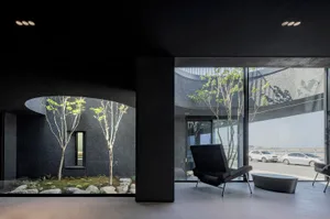 A modern living space with a black chair in front of a window, offering a view of two trees outside, with concrete walls and a calm atmosphere
