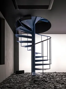 A minimalist interior staircase with metal steps, clean lines, and simple design elements, set in a well-lit residential space