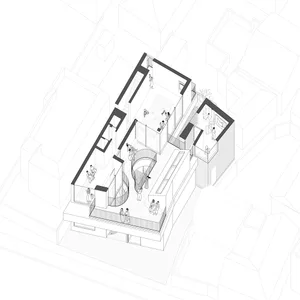 Architectural rendering of a modern building with multiple levels, a staircase, and various rooms connected by linework and labels