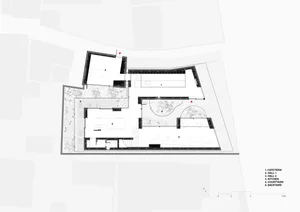 2D floor plan of a modern building with open areas and enclosed spaces, stairs, and neutral tones