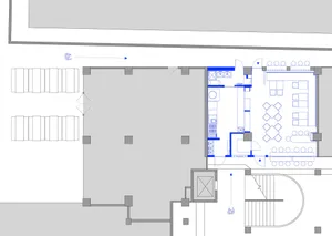2D floor plan of a modern building with dining area, kitchen, and living spaces, featuring linework, labels, and measurements