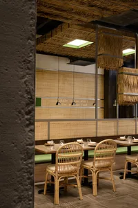 Warm and inviting restaurant interior with wooden tables and chairs, well-designed lighting, and a rustic atmosphere