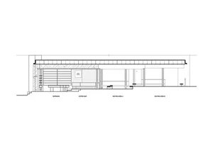 A modern architectural drawing of a building's interior with a top-down view of various rooms including a kitchen dining area living room and bedroom