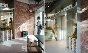 A modern building entrance with glass walls and steps, well-lit by natural sunlight