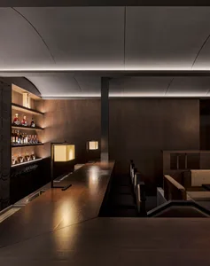 A modern bar area with a wooden dining table surrounded by chairs, bottles, and warm lighting