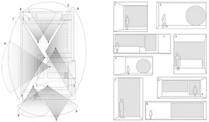 2D floor plan of a house with labeled rooms, including a kitchen, living room, bedroom, and bathroom, with people placed within the spaces