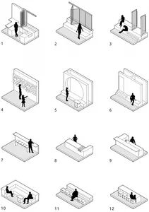 Comfortable living area with couches, chairs, benches, and TVs, featuring people interacting with the space