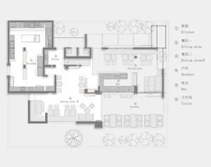 2D floor plan of a modern building with dining area, kitchen, bar, bathroom, and living spaces, featuring multiple chairs and a functional layout