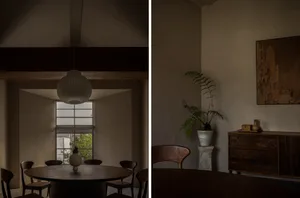 Dimly lit dining space with chairs, a dining table, and a potted plant near a window