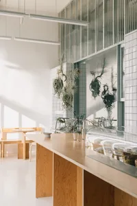 A modern dining space with a large wooden table and chairs, surrounded by potted plants, creating a warm and inviting atmosphere