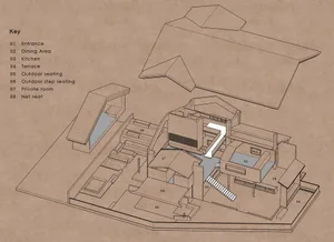 2D floor plan of a modern building with multiple seating areas, dining tables, and linework labels