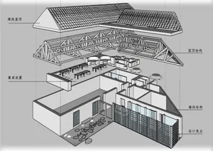 2D floor plan of a modern building interior with concrete and glass materials, neutral tones, and natural light from windows