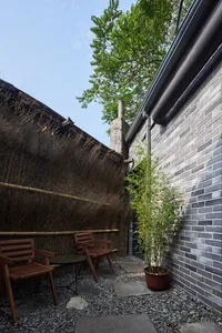 A serene outdoor patio with two wooden benches and two chairs arranged for relaxation under a tree
