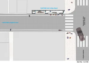 2D floor plan of a cafe with dining and living areas, featuring various rooms and linework, labels, and measurements
