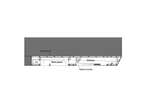 2D floor plan of a modern house with clear demarcations between kitchen, rest area, and takeout counter, featuring clean lines and minimalistic design elements