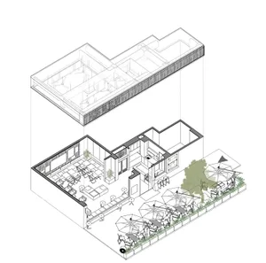 2D floor plan of a modern office space with multiple rooms, chairs, and potted plants, showcasing a top-down layout with linework and labels