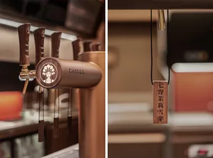 A bar area with a beer tap machine and bottles, shown in a comprehensive view and close-up