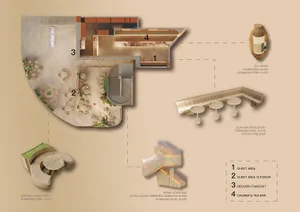 2D floor plan of a modern dining and bar space with multiple chairs, tables, and potted plants, featuring a functional and inviting layout