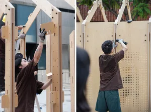 Two images of a workspace with a man working on a wooden and metal structure, surrounded by people, suggesting a sense of craftsmanship and innovation