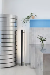A clean and organized kitchen space with a countertop, potted plant, vases, and a bottle, emphasizing functionality and aesthetics