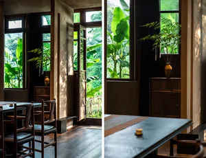 木質地板餐廳空間，兩張擺放花瓶的餐桌，盆栽與椅子，營造溫暖親切的氛圍