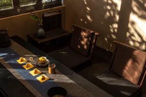 A cozy dining space with a wooden table and chairs, surrounded by a vase and potted plant, in a residential setting
