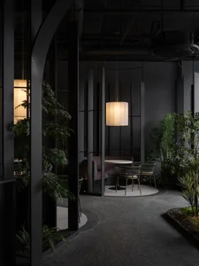 A modern living space with a dining table surrounded by chairs, multiple potted plants, and a vase, creating a cozy and inviting atmosphere