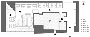 2D floor plan of a modern hotel with various rooms, including a kitchen, dining area, and bedrooms, with detailed layout and measurements