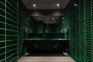 Bathroom with green tiles on the walls, black marble countertops, and two sinks, giving a clean and well-maintained atmosphere