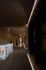 Elegant hallway with a stone wall, marble countertop, and two potted plants adding greenery to the space