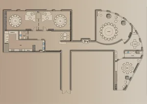 2D floor plan of a modern home with various rooms and seating areas, featuring linework and labels