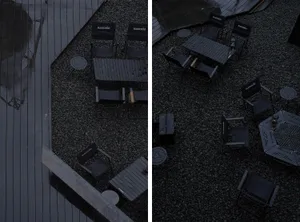 A casual outdoor patio area with chairs and dining tables arranged on a gravel surface, perfect for social gatherings or relaxation