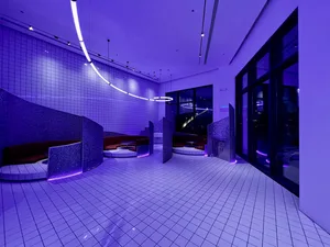 A modern lobby with purple walls and flooring, featuring several chairs and an inviting atmosphere