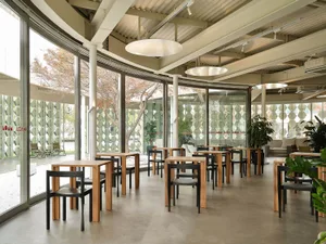 Dining area with wooden tables and chairs arranged in rows, creating a warm and inviting atmosphere