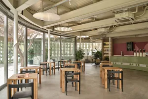 A modern restaurant interior with wooden tables and chairs, potted plants, and natural light