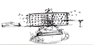 Architectural drawing of a modern house with various rooms, a living area, bedroom, and garden, featuring linework, labels, and symbols