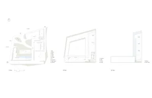 Top-down and interior views of a rectangular building with labeled rooms and exterior facade details