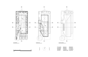 Three views of a building's floor plan, showcasing layout, dimensions, and construction details