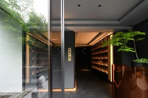 Modern hotel lobby with glass doors, cabinets, and a sense of openness and spaciousness
