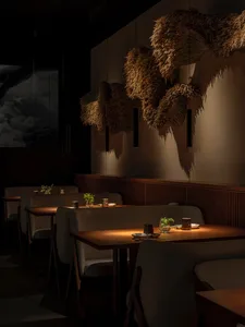 Dining area with multiple tables, chairs, and potted plants, creating a warm and inviting atmosphere