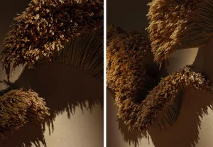 A unique art installation featuring a large piece of straw or hay hanging on a wall, with a striking visual effect and mysterious atmosphere