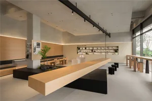 Open modern living space with a large wooden countertop, chairs, potted plants, and a contemporary design