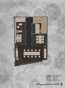 A well-designed home interior with wooden floors and walls, featuring a multi-functional room with dining, living, and kitchen areas, and comfortable seating for socializing