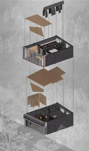 A modern house with multiple levels, gray and brown tones, and a well-designed living space