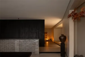 Empty minimalist living room with a black countertop, two vases, and a potted plant, creating a calm atmosphere